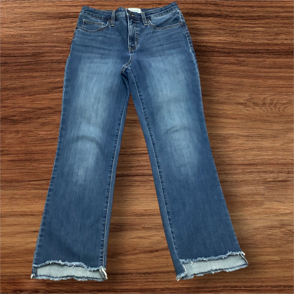 Crown & Ivy Women High Rise Flare Crop Jeans Blue Raw Hem Size 4
